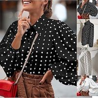 Women's Blouse Button-Down Print Polka Dot Classic Sweet Shirt Collar Regular Spring   Fall Black White Lightinthebox - thumbnail