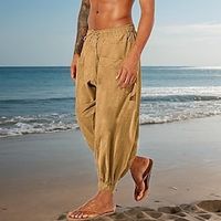 Men's Linen Pants Trousers Summer Pants Beach Pants Drawstring Elastic Waist Elastic Cuff Plain Comfort Breathable Daily Holiday Vacation Cotton Blend Hawaiian Boho Black White Lightinthebox