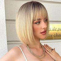 Blonde Bob Wig with Bangs Short Bob Wigs for Women Blonde Wig with Dark Roots Yaki Straight Synthetic Wig Christmas Halloween Wigs Natural Looking for Daily Use Party and Cosplay miniinthebox