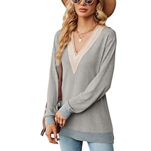 Women's Shirt Blouse Cotton Color Block Black Royal Blue Khaki Patchwork Lace Trims Long Sleeve Casual Fashion V Neck Regular Fit Fall  Winter Lightinthebox