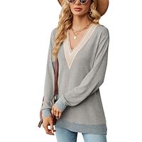 Women's Shirt Blouse Cotton Color Block Black Royal Blue Khaki Patchwork Lace Trims Long Sleeve Casual Fashion V Neck Regular Fit Fall  Winter Lightinthebox - thumbnail