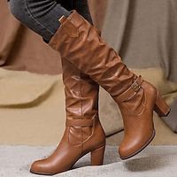 Women's Boots Cowboy Boots Plus Size Heel Boots Outdoor Daily Knee High Boots Cone Heel Chunky Heel Round Toe Vintage Casual Minimalism Faux Leather Zipper Solid Color Black Brown Khaki miniinthebox - thumbnail