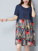 Casual Print Patchwork Short Sleeve O-neck Dress For Women