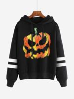 Halloween Stripe Pumpkin Hooded Women Hoodies