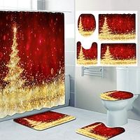 4 Pcs Christmas Shower Curtain Set Bathroom Sets Modern Home Bathroom Decor with Bath Mat U Shape and Toilet Lid Cover Mat and 12 Hooks miniinthebox - thumbnail