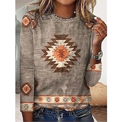 Women's T shirt Tee Khaki Geometric Print Long Sleeve Casual Daily Vintage Round Neck Regular S miniinthebox