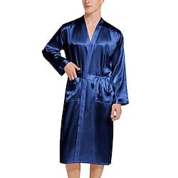 Men's Pajamas Silk Robe Sleepwear Bath Gown Plain Fashion Stylish Classic Home Daily Bed Polyester Comfort Soft V Neck Long Sleeve Belt Included Summer Spring Black Red Lightinthebox