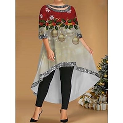 Women's Plus Size Curve Christmas Dress Casual Dress Winter Dress Christmas Bell Snowflake Long Dress Maxi Dress Half Sleeve Print Patchwork Crew Neck Fashion Outdoor Wine Fall Winter XL 2XL 3XL 4XL Lightinthebox