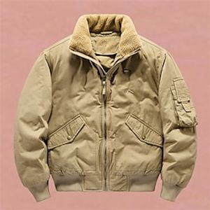 Men's Bomber Jacket Sherpa Outdoor Daily Wear Warm Zipper Pocket Fall Winter Plain Fashion Streetwear Lapel Regular Khaki Army Green Dark Blue Jacket Lightinthebox