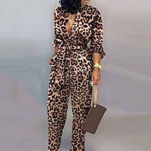 Women's Jumpsuit Pocket High Waist Leopard V Neck Streetwear Street Going out Regular Fit Long Sleeve Brown S M L Winter / Print miniinthebox