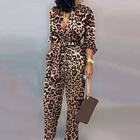 Women's Jumpsuit Pocket High Waist Leopard V Neck Streetwear Street Going out Regular Fit Long Sleeve Brown S M L Winter / Print miniinthebox - thumbnail