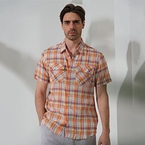 100% Linen Front Pocket Men's Shirt Linen Shirt White Yellow Pink Short Sleeve Plaid Lapel Summer Outdoor Daily Clothing Apparel Lightinthebox