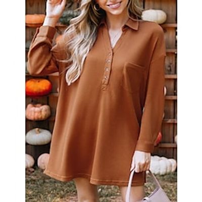 Women's Casual Dress Plain Dress Mini Dress Patchwork Button Daily Date Going out Active Fashion Lapel Long Sleeve 2023 Loose Fit Camel Color S M L XL Size Lightinthebox