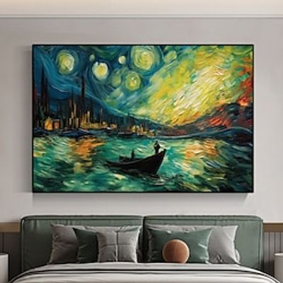 Original Starry Sky Painting Handpainted Blue Green Textured Wall Art Large Night Sky Painting Boat Abstract Painting For Home Wall Decor No Frame Lightinthebox