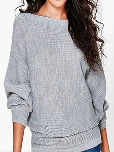 Boat Neck Plain Striped Batwing Sleeve Pullover