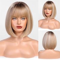Bob Wig Short Ombre Blonde Wig with BangsShoulder Length Synthetic Wigs for WomenHighlight Wigs for Daily Use miniinthebox