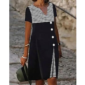 Women's Casual Dress Midi Dress Black Short Sleeve Striped Button Spring Summer V Neck Weekend 2022 S M L XL XXL 3XL Lightinthebox