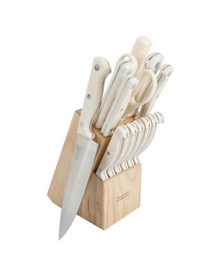 Keswick 14 Pieces Cutlery Set With Wood Block Cream Pistol Grip Handle