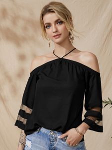 YOINS Black Mesh Patchwork Off The Shoulder 3/4 Length Sleeves Blouse