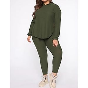 Women's Plus Size Tops Set Plain Long Sleeve Hooded Casual Festival Daily Vacation Polyester Fall Winter Dark Green Lightinthebox