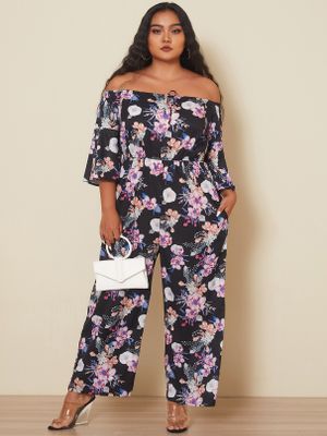 YOINS Plus Size Off The Shoulder Floral Print Side Pockets 3/4 Length Sleeves Jumpsuit YOINS Plus Size Off The Shoulder Floral Print Side Pockets 3/4 Length Sleeves Jumpsuit