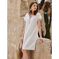 Women's Casual Dress Cotton Linen Dress Mini Dress Linen Cotton Blend Basic Casual Daily Vacation Weekend V Neck V Neck Eyelet Short Sleeve Summer Spring High-end Series Regular Fit White Plain S M L Lightinthebox - thumbnail