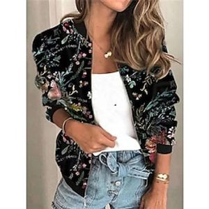 Women's Bomber Jacket Casual Jacket Outdoor Zipper Flower Breathable Streetwear Regular Fit Outerwear Long Sleeve Summer Black S Lightinthebox