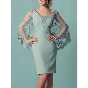 Sheath  Column Mother of the Bride Dress Party Elegant Petite Bateau Neck Knee Length Lace Stretch Chiffon Long Sleeve with Ruching Solid Color 2023 Lightinthebox