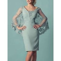 Sheath  Column Mother of the Bride Dress Party Elegant Petite Bateau Neck Knee Length Lace Stretch Chiffon Long Sleeve with Ruching Solid Color 2023 Lightinthebox - thumbnail