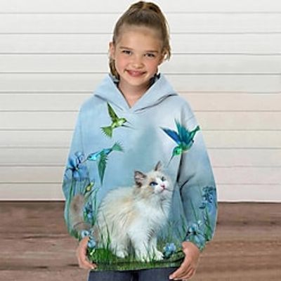 Kids Girls' Hoodie Animal Outdoor Long Sleeve Pocket Cute 7-13 Years Winter Blue Light Blue  Fall Lightinthebox