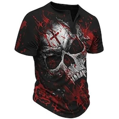 Men's Henley Shirt Graphic Skull Henley Clothing Apparel 3D Print Outdoor Daily Short Sleeve Button-Down Print Fashion Designer Comfortable Lightinthebox