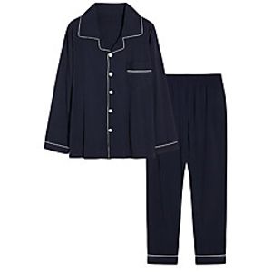 Men's Elastic Waistband Solid Color Cotton Loungewear Suits Casual Shirt Pant Button Down Collar Home L Blue  2 Pieces  2 Pieces  Long Sleeve Lightinthebox