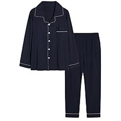 Men's Elastic Waistband Solid Color Cotton Loungewear Suits Casual Shirt Pant Button Down Collar Home L Blue  2 Pieces  2 Pieces  Long Sleeve Lightinthebox
