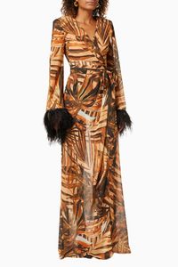 Kenya Kimono Dress in Printed Silk with Ostrich Feathers