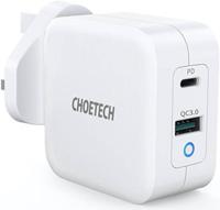 Choetech PD+QC 65W Gan Fast Wall Charger-(White)-(PD8002-UK-WH)