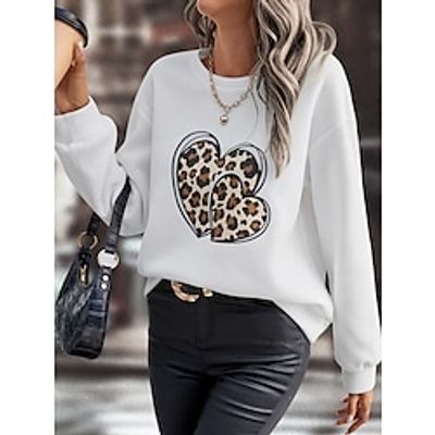 Women's Sweatshirt Pullover Leopard Heart Active Sportswear Print Black White Green Valentine's Day Casual Round Neck Long Sleeve Top Micro-elastic Fall  Winter Lightinthebox