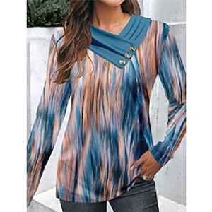Women's T shirt Tee Graphic Navy Blue Blue Green Print Patchwork Button Long Sleeve Daily Weekend Fashion V Neck Regular Fit Spring Lightinthebox
