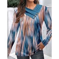 Women's T shirt Tee Graphic Navy Blue Blue Green Print Patchwork Button Long Sleeve Daily Weekend Fashion V Neck Regular Fit Spring Lightinthebox - thumbnail