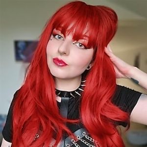 Red Wig Long Red Wig with Bangs Long Wigs for Women Long Wavy Synthetic Heat Resistant Fiber Wigs for Party Halloween Daily Use Christmas Party Wigs miniinthebox