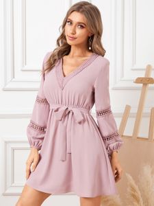 YOINS Lace Insert Hollow Design V-neck Long Sleeves Mini Dress