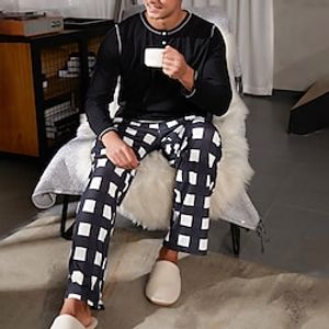 Men's Loungewear Sleepwear Pajama Set Pajama Top and Pant 2 Pieces Plaid Stylish Casual Comfort Home Daily Cotton Blend Comfort Henley Long Sleeve T shirt Tee Pant Drawstring Elastic Waist Summer Lightinthebox