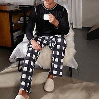 Men's Loungewear Sleepwear Pajama Set Pajama Top and Pant 2 Pieces Plaid Stylish Casual Comfort Home Daily Cotton Blend Comfort Henley Long Sleeve T shirt Tee Pant Drawstring Elastic Waist Summer Lightinthebox - thumbnail