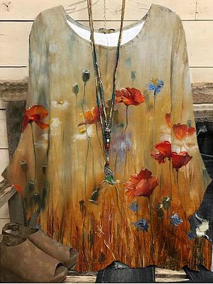 Round Neck Casual Loose Floral Print Long Sleeve Blouse Round Neck Casual Loose Floral Print Long Sleeve Blouse