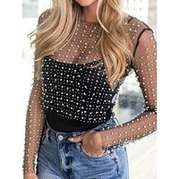 Shirt Blouse Women's Black Solid Color Mesh Beaded Street Daily Fashion Round Neck S Lightinthebox