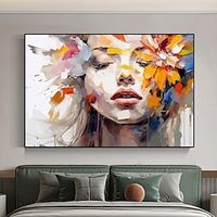 Handpainted Colorful abstract woman canvas wall art woman with flower Canvas painting abstract Girl canvas art fashion woman canvas For Home Bedroom Decor miniinthebox