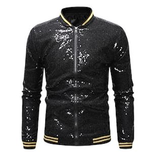 Men's Casual Jacket Durable Casual  Daily Wedding Party Party  Evening Club Zipper Standing Collar Warm Ups Comfort Zipper Front Jacket Outerwear Sequin Zipper Pocket Silver Golden Blue  Winter Lightinthebox