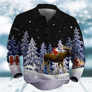 Elk Christmas Tree Men's Casual Print 3D Golf Polo Outdoor Casual Daily Streetwear Christmas Polyester Long Sleeve Turndown Polo Shirts Dark Pink Blue Fall  Winter S M L Micro-elastic Lapel Polo miniinthebox