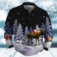 Elk Christmas Tree Men's Casual Print 3D Golf Polo Outdoor Casual Daily Streetwear Christmas Polyester Long Sleeve Turndown Polo Shirts Dark Pink Blue Fall  Winter S M L Micro-elastic Lapel Polo miniinthebox - thumbnail