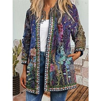 Women's Casual Jacket Street Daily Wear Vacation Fall Winter Regular Coat Regular Fit Warm Breathable Comtemporary Stylish Casual Jacket Long Sleeve Floral with Pockets Print Purple miniinthebox