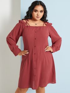YOINS Plus Size Cold Shoulder Button Design Long Sleeves Mini Dress